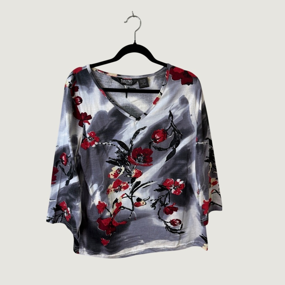 Take Two Floral Top XL Grey Red Sequin 3/4 Sleeve Art To Wear Romantic Feminine